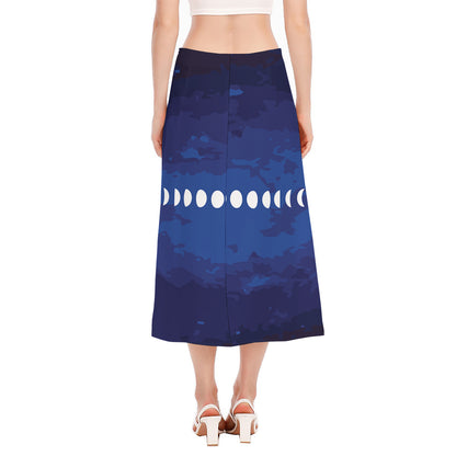 Starry Sky Lunar Phase Print Side Slit Midi Skirt
