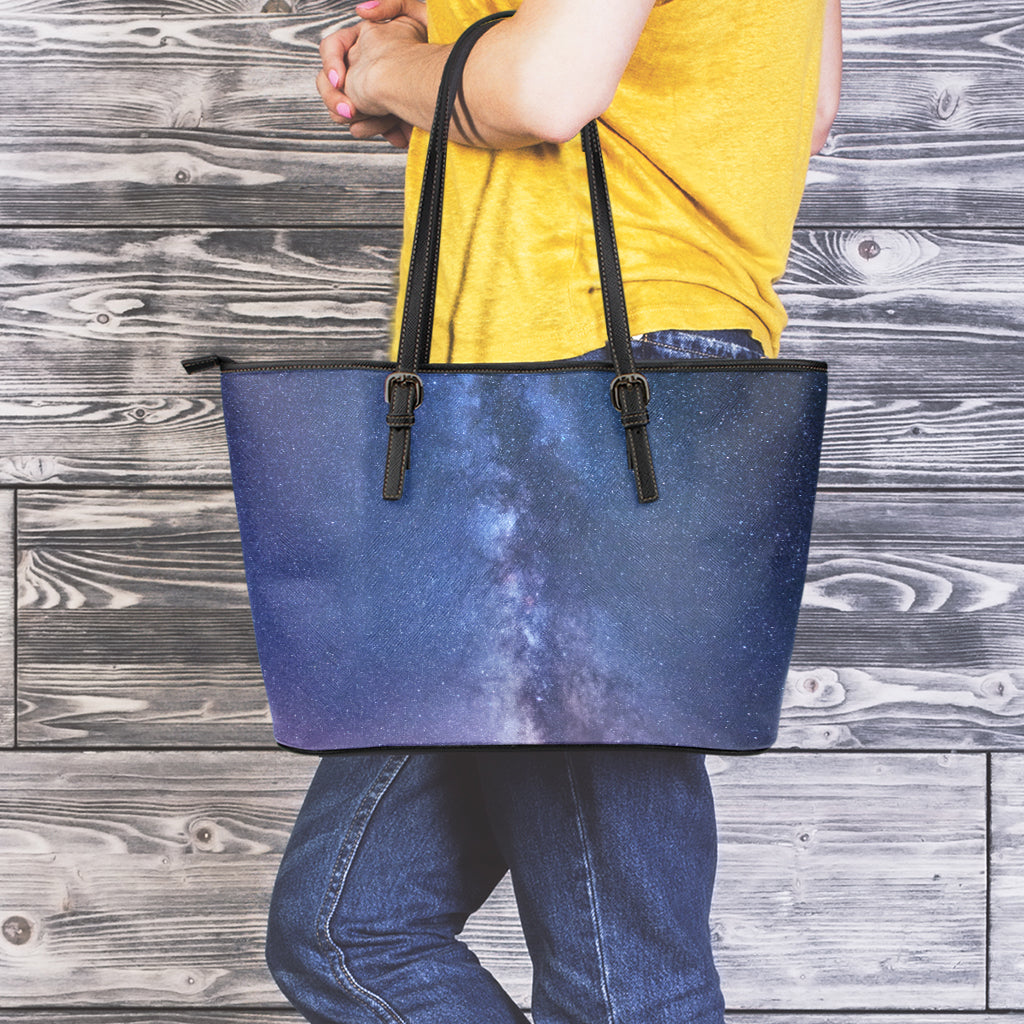 Stars Night Milky Way Print Leather Tote Bag