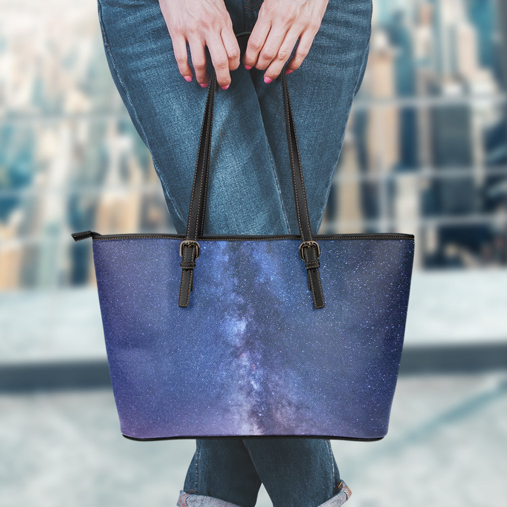 Stars Night Milky Way Print Leather Tote Bag
