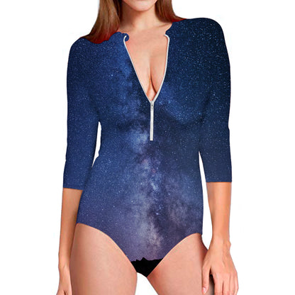 Stars Night Milky Way Print Long Sleeve Swimsuit