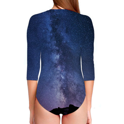 Stars Night Milky Way Print Long Sleeve Swimsuit