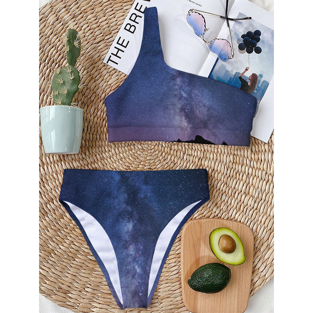 Stars Night Milky Way Print One Shoulder Bikini Top
