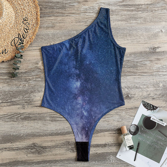 Stars Night Milky Way Print One Shoulder Bodysuit
