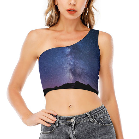Stars Night Milky Way Print One Shoulder Crop Top