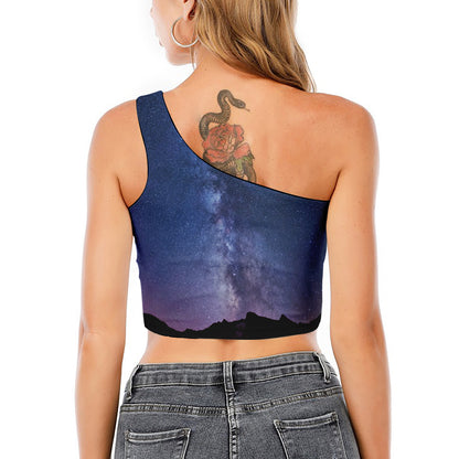 Stars Night Milky Way Print One Shoulder Crop Top