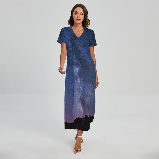 Stars Night Milky Way Print Short Sleeve Maxi Dress