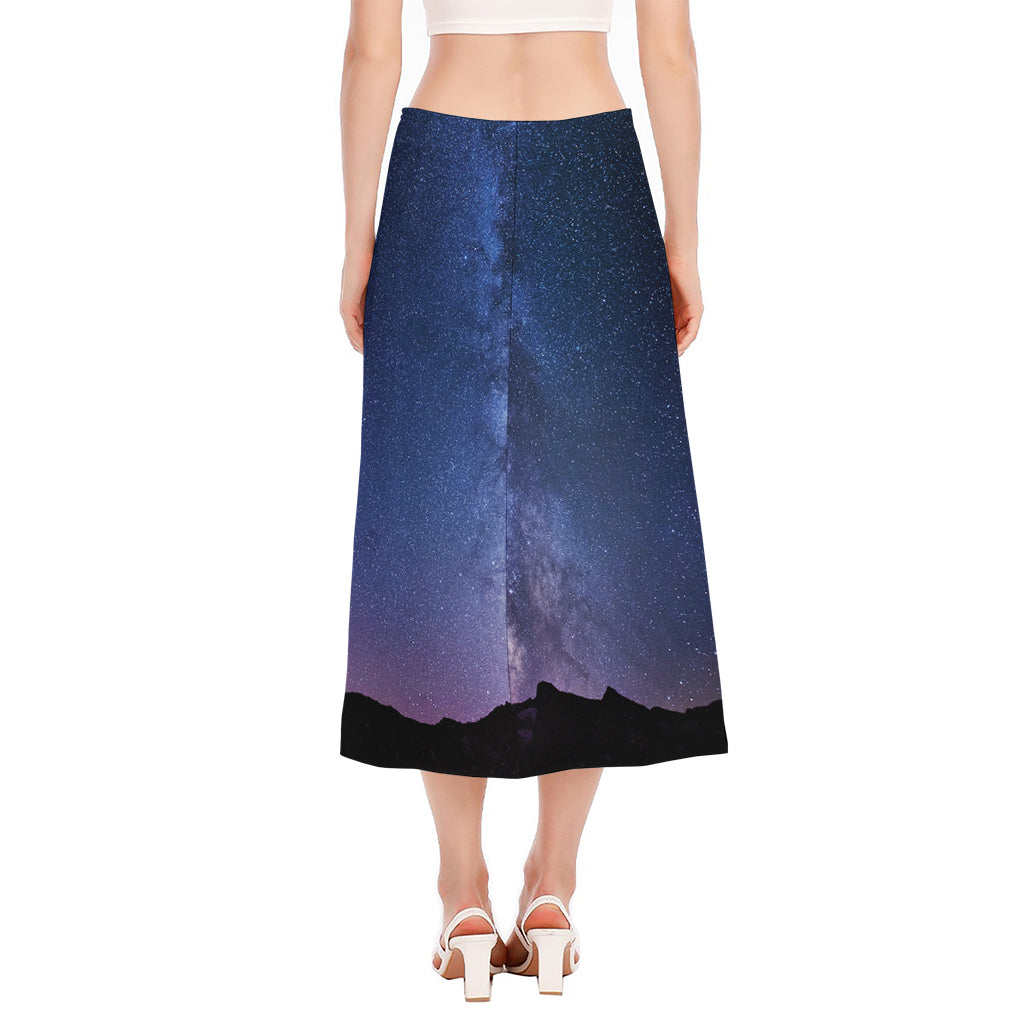 Stars Night Milky Way Print Side Slit Midi Skirt