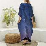 Stars Night Milky Way Print Silk V-Neck Kaftan Dress
