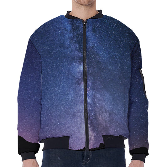 Stars Night Milky Way Print Zip Sleeve Bomber Jacket