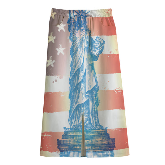 Statue of Liberty USA Flag Print Cotton Front Slit Maxi Skirt