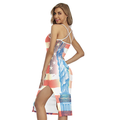 Statue of Liberty USA Flag Print Cross Back Cami Dress