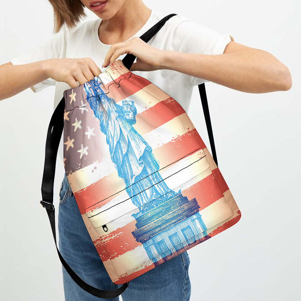 Statue of Liberty USA Flag Print Drawstring Backpack