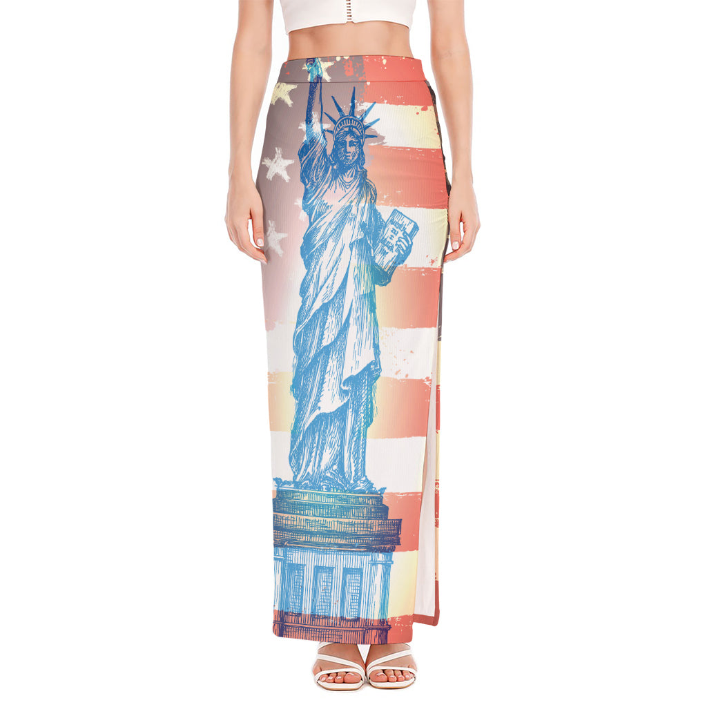 Statue of Liberty USA Flag Print High Slit Maxi Skirt