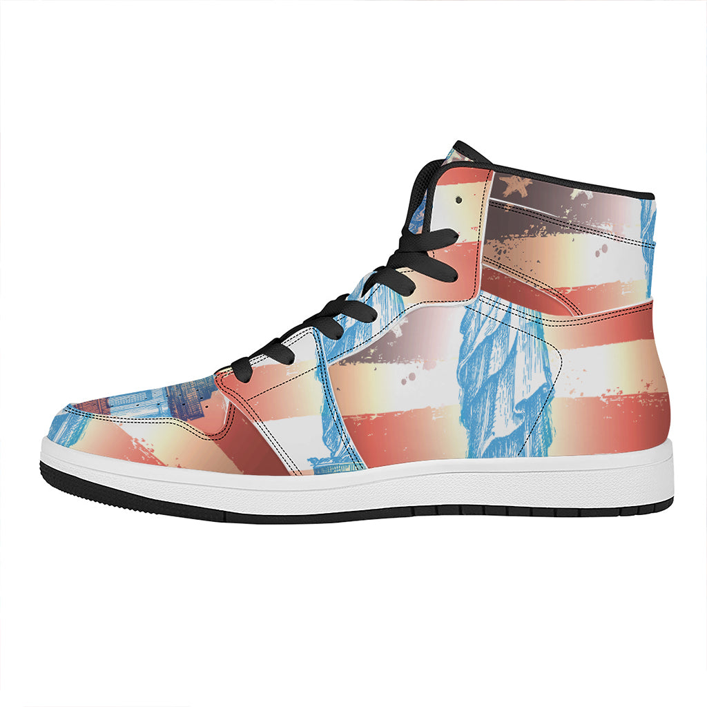 Statue of Liberty USA Flag Print High Top Leather Sneakers