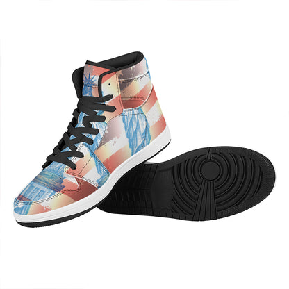 Statue of Liberty USA Flag Print High Top Leather Sneakers