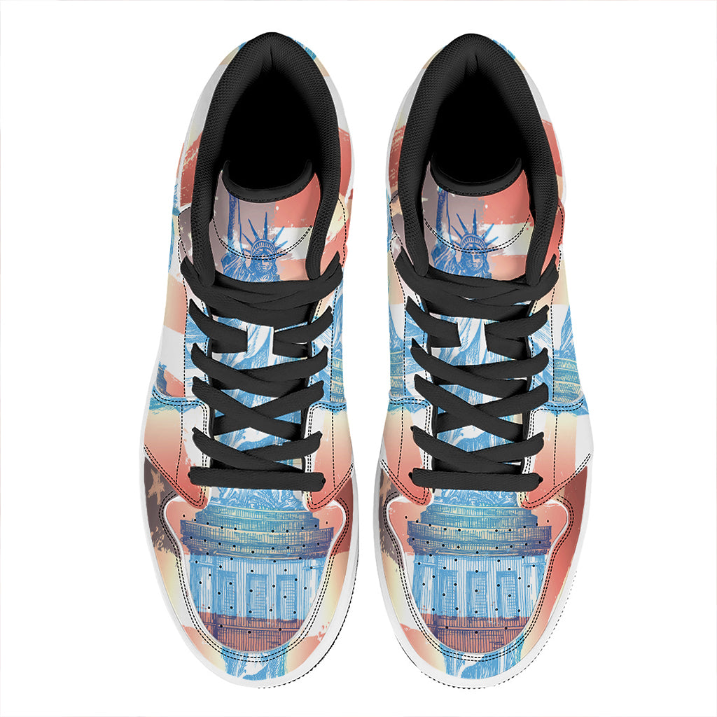 Statue of Liberty USA Flag Print High Top Leather Sneakers