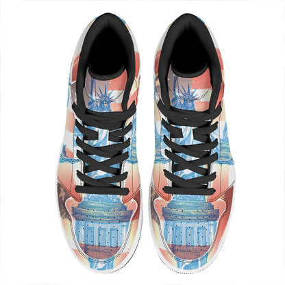 Statue of Liberty USA Flag Print High Top Leather Sneakers