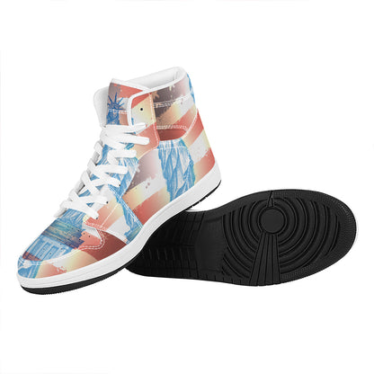 Statue of Liberty USA Flag Print High Top Leather Sneakers