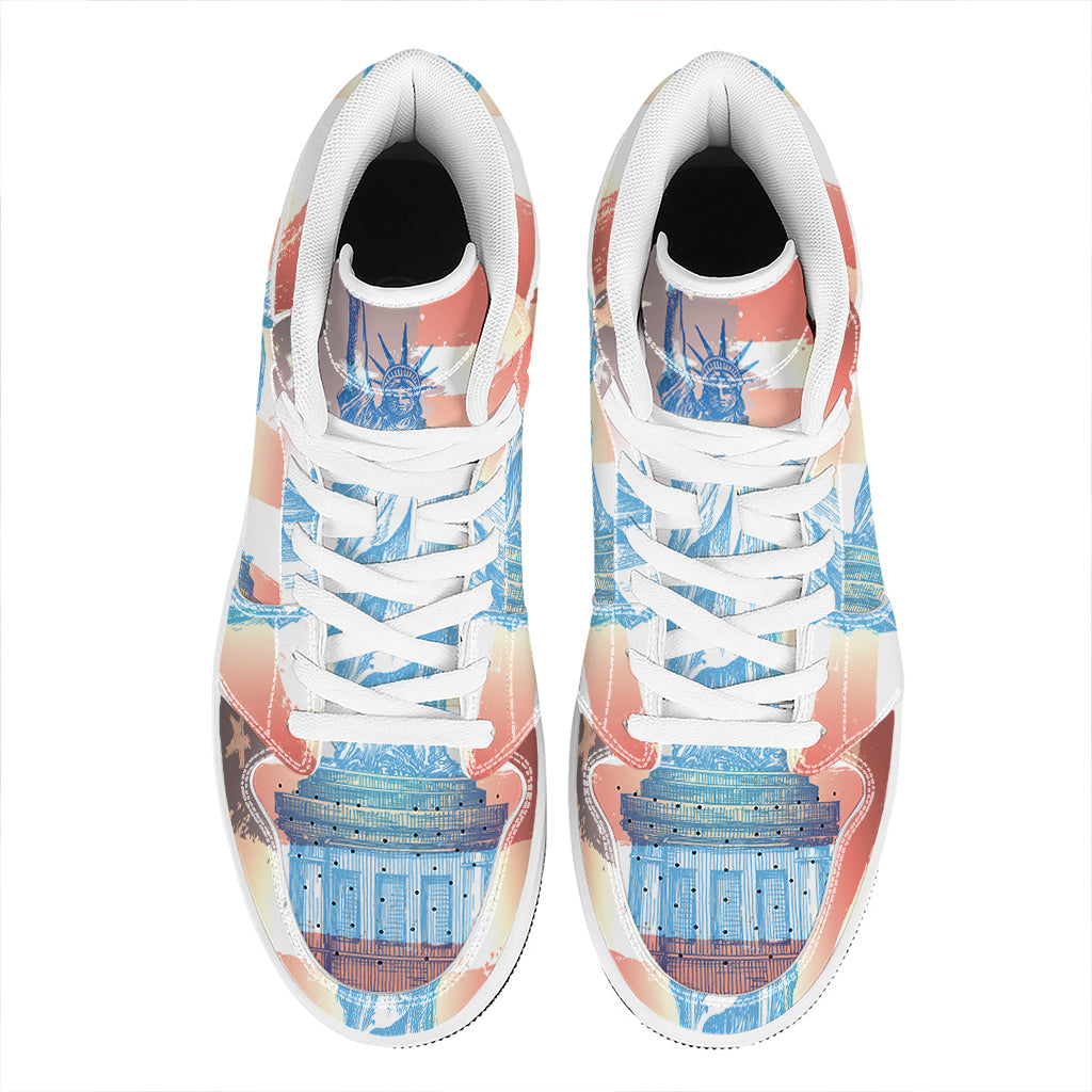 Statue of Liberty USA Flag Print High Top Leather Sneakers