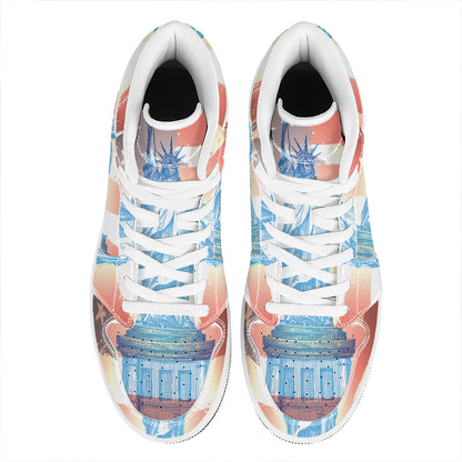 Statue of Liberty USA Flag Print High Top Leather Sneakers