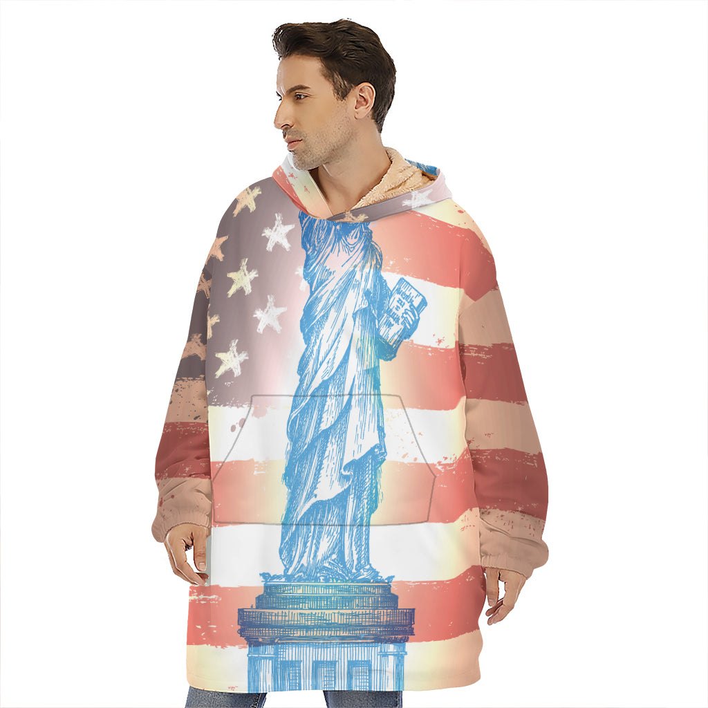 Statue of Liberty USA Flag Print Hoodie Blanket