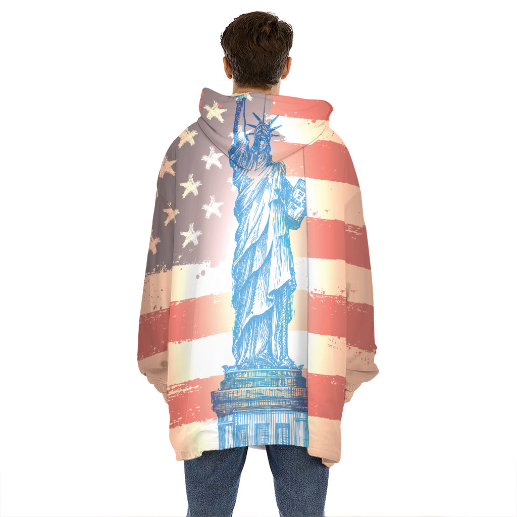 Statue of Liberty USA Flag Print Hoodie Blanket