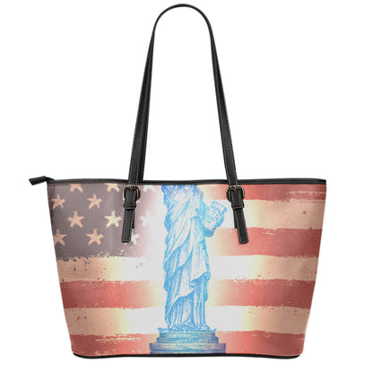 Statue of Liberty USA Flag Print Leather Tote Bag