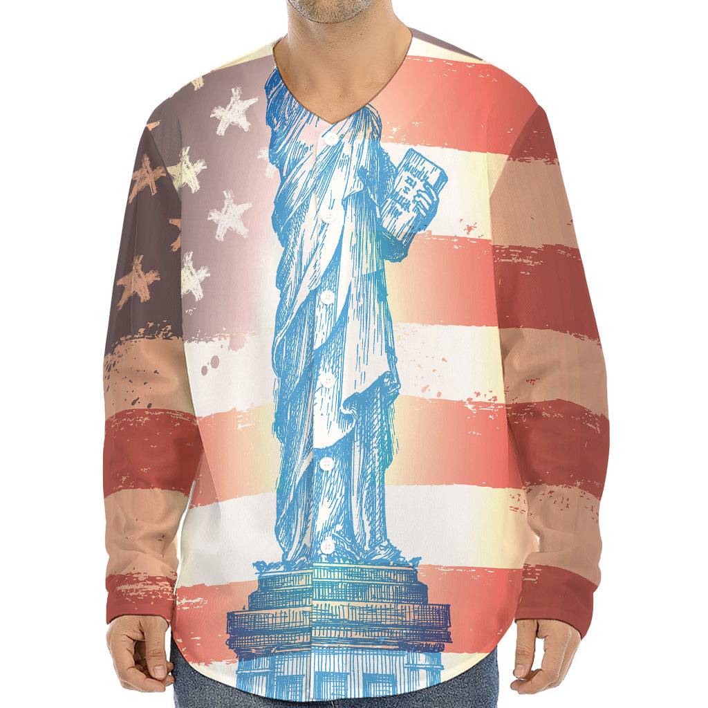 Statue of Liberty USA Flag Print Long Sleeve Baseball Jersey