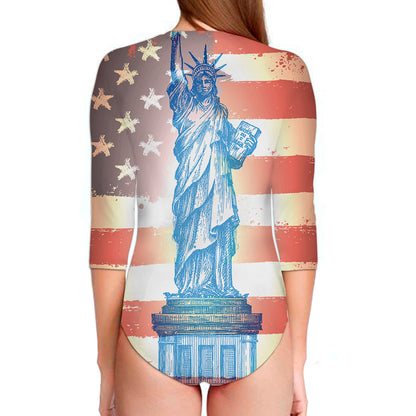 Statue of Liberty USA Flag Print Long Sleeve Swimsuit
