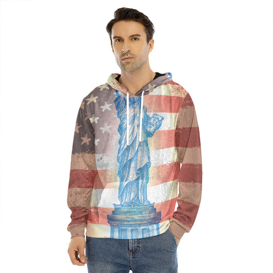 Statue of Liberty USA Flag Print Men's Velvet Pullover Hoodie