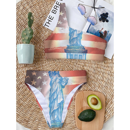 Statue of Liberty USA Flag Print One Shoulder Bikini Top