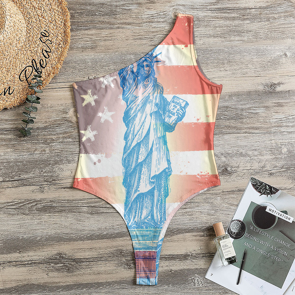 Statue of Liberty USA Flag Print One Shoulder Bodysuit