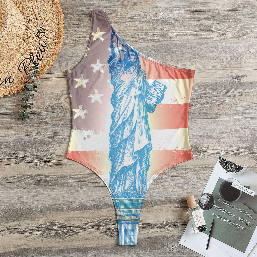 Statue of Liberty USA Flag Print One Shoulder Bodysuit