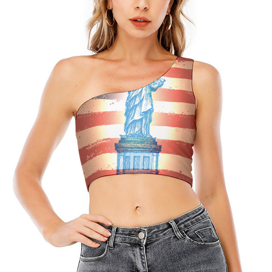 Statue of Liberty USA Flag Print One Shoulder Crop Top