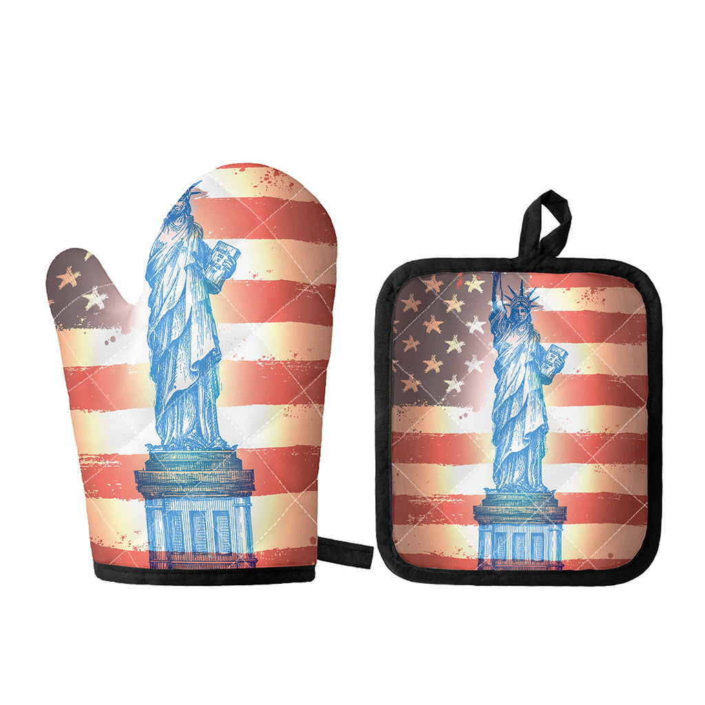 Statue of Liberty USA Flag Print Oven Mitt And Pot Holder Set