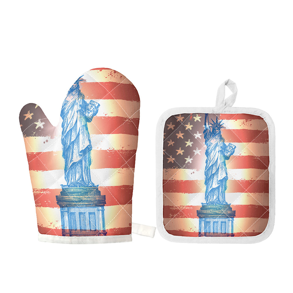 Statue of Liberty USA Flag Print Oven Mitt And Pot Holder Set