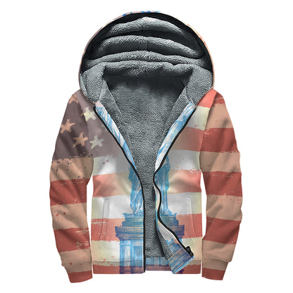 Statue of Liberty USA Flag Print Sherpa Lined Zip Up Hoodie