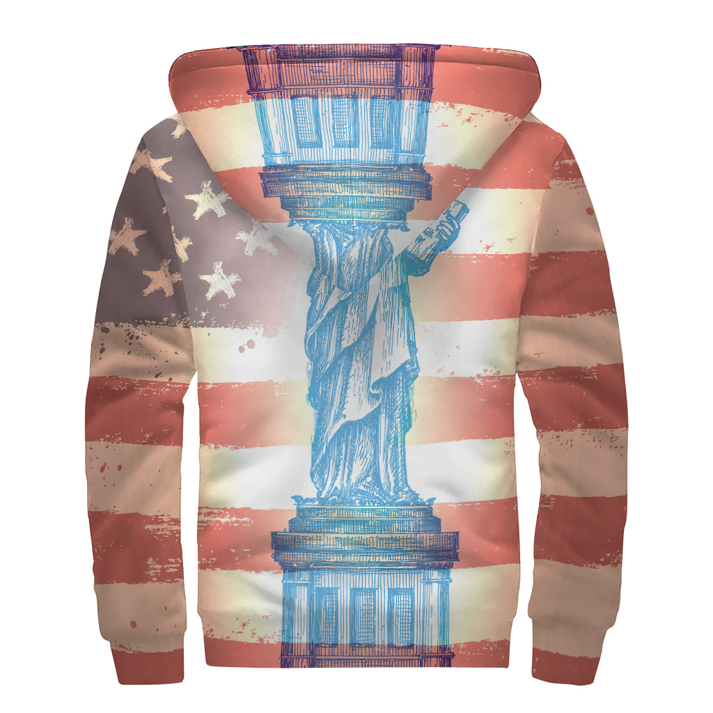 Statue of Liberty USA Flag Print Sherpa Lined Zip Up Hoodie