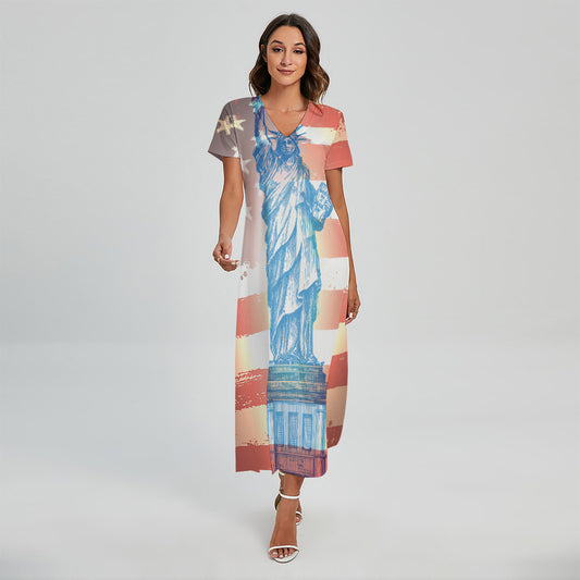 Statue of Liberty USA Flag Print Short Sleeve Maxi Dress