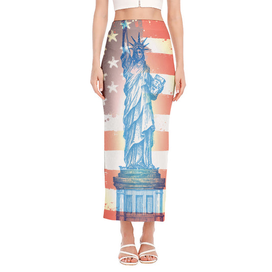 Statue of Liberty USA Flag Print Side Slit Maxi Skirt