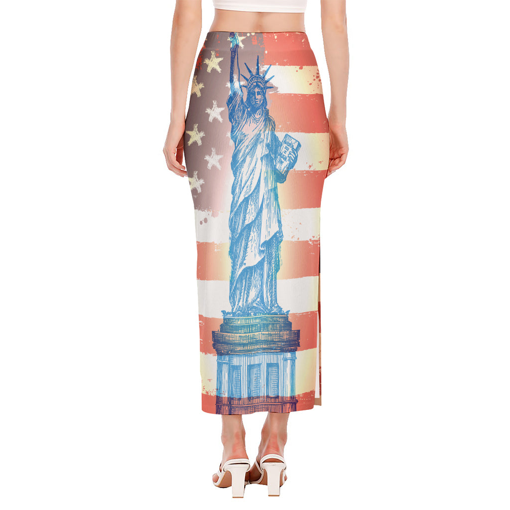 Statue of Liberty USA Flag Print Side Slit Maxi Skirt