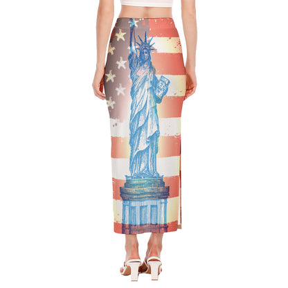 Statue of Liberty USA Flag Print Side Slit Maxi Skirt