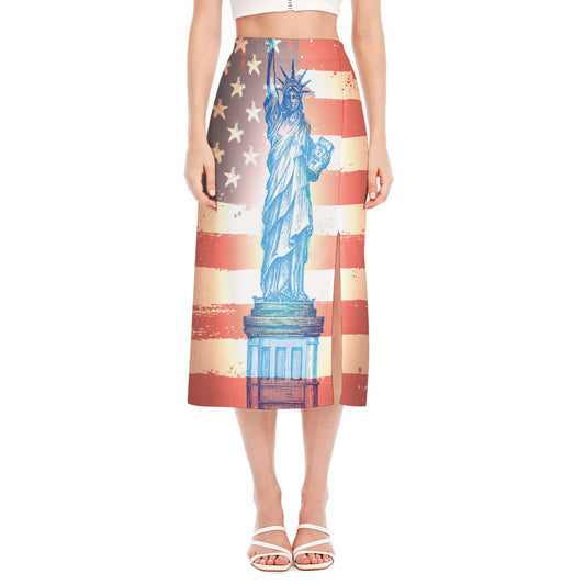 Statue of Liberty USA Flag Print Side Slit Midi Skirt