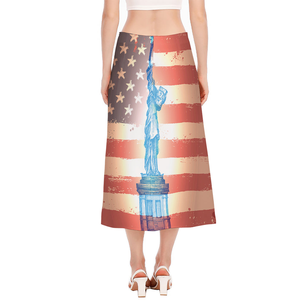 Statue of Liberty USA Flag Print Side Slit Midi Skirt
