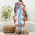 Statue of Liberty USA Flag Print Silk V-Neck Kaftan Dress
