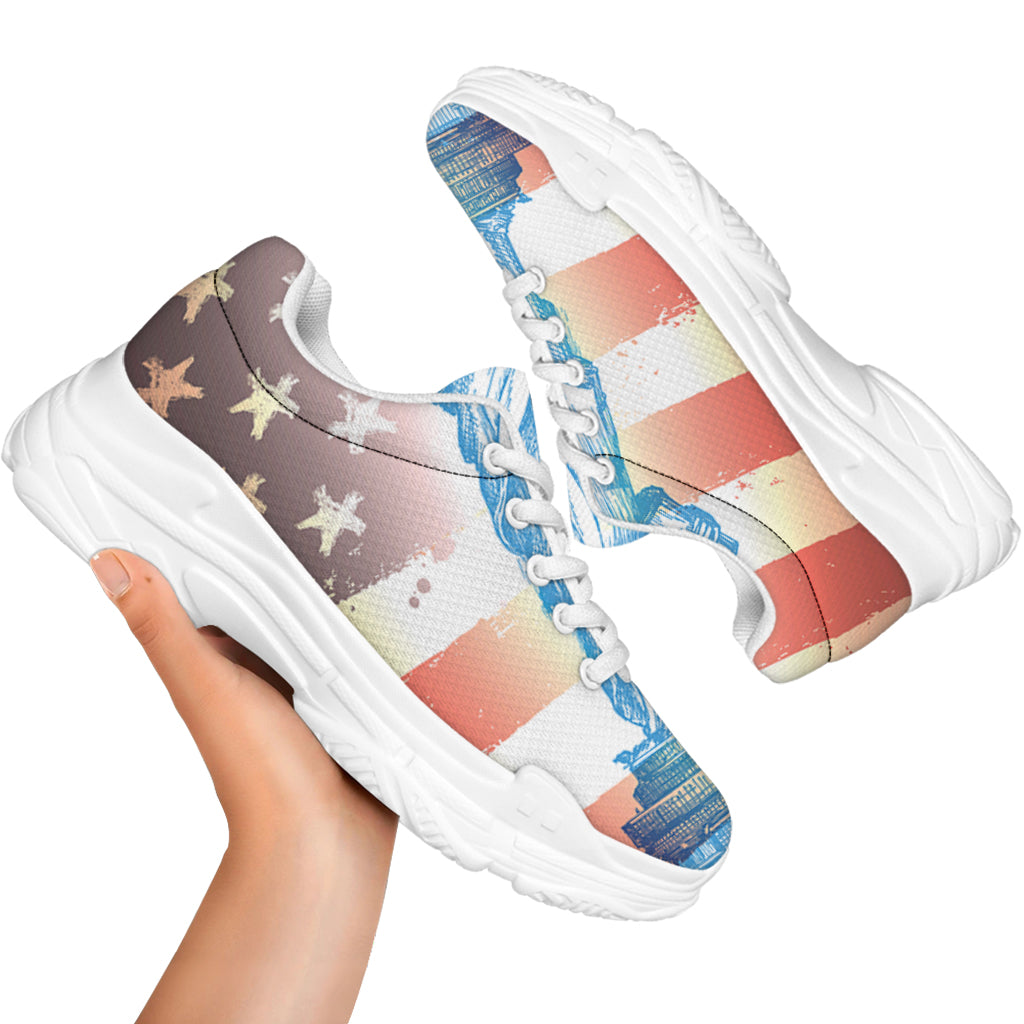 Statue of Liberty USA Flag Print White Chunky Shoes