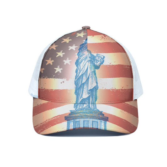 Statue of Liberty USA Flag Print White Mesh Trucker Cap
