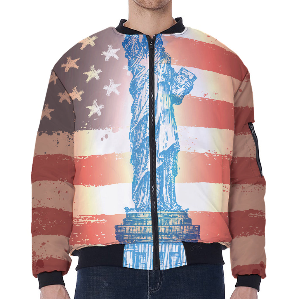 Statue of Liberty USA Flag Print Zip Sleeve Bomber Jacket