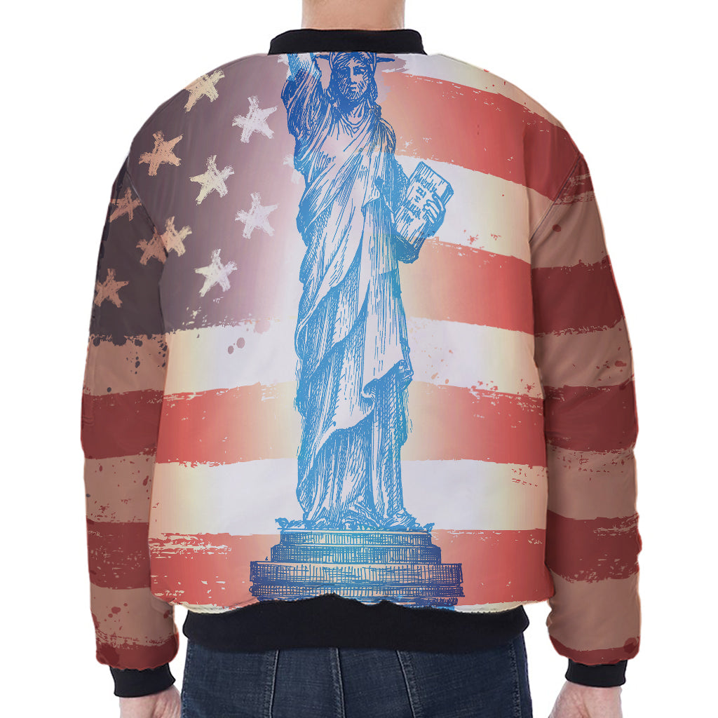 Statue of Liberty USA Flag Print Zip Sleeve Bomber Jacket