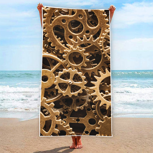 Steampunk Brass Cogs And Gears Print Beach Towel